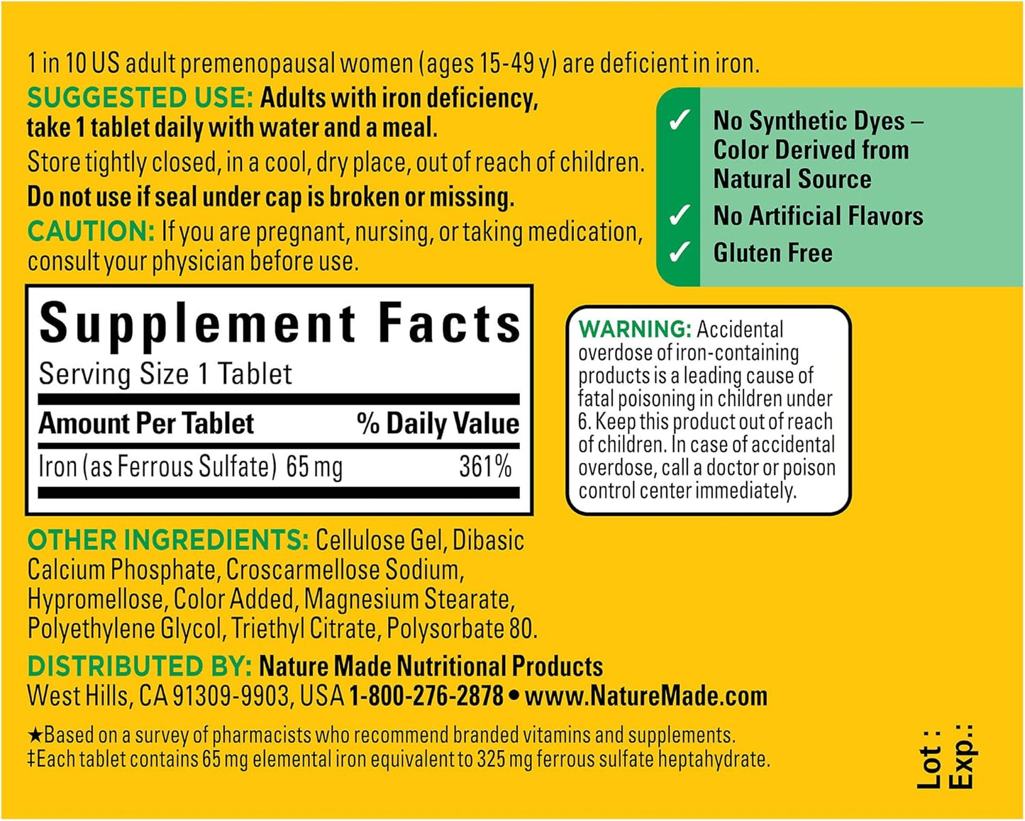 180-Day Supply of Nature Made Iron 65 mg Tablets for Red Blood Cell Support - Pack of 2