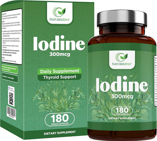 180-Day Supply of Natures Zest Iodine Supplement Capsules - 300mcg Pure Iodine for Thyroid Support - Vegan Formula with Potassium Iodide - Promotes Normal Thyroid Function