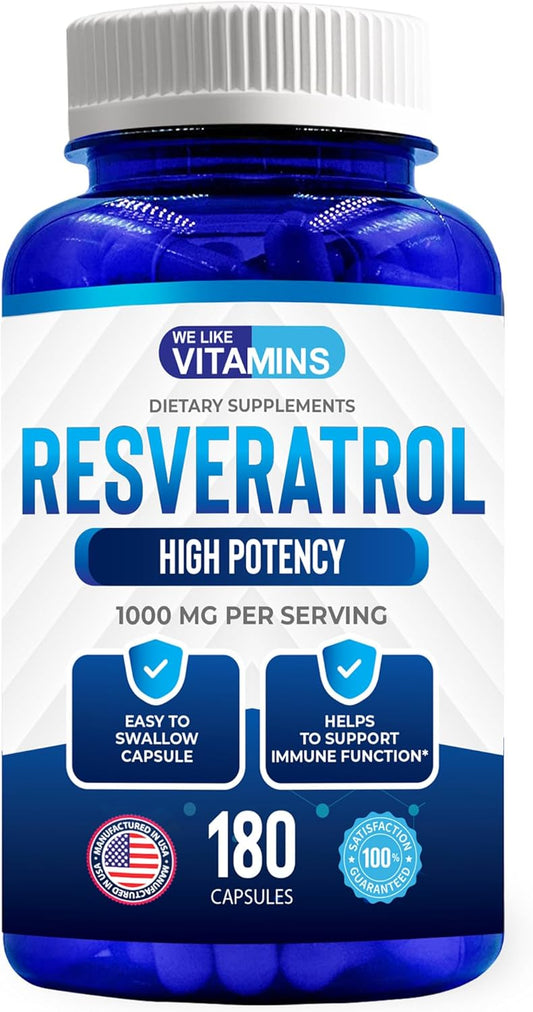 180 Easy to Swallow Veggie Capsules of We Like Vitamins Resveratrol 1000mg - Natural Antioxidant Supplement for Anti-Aging and Immune Support