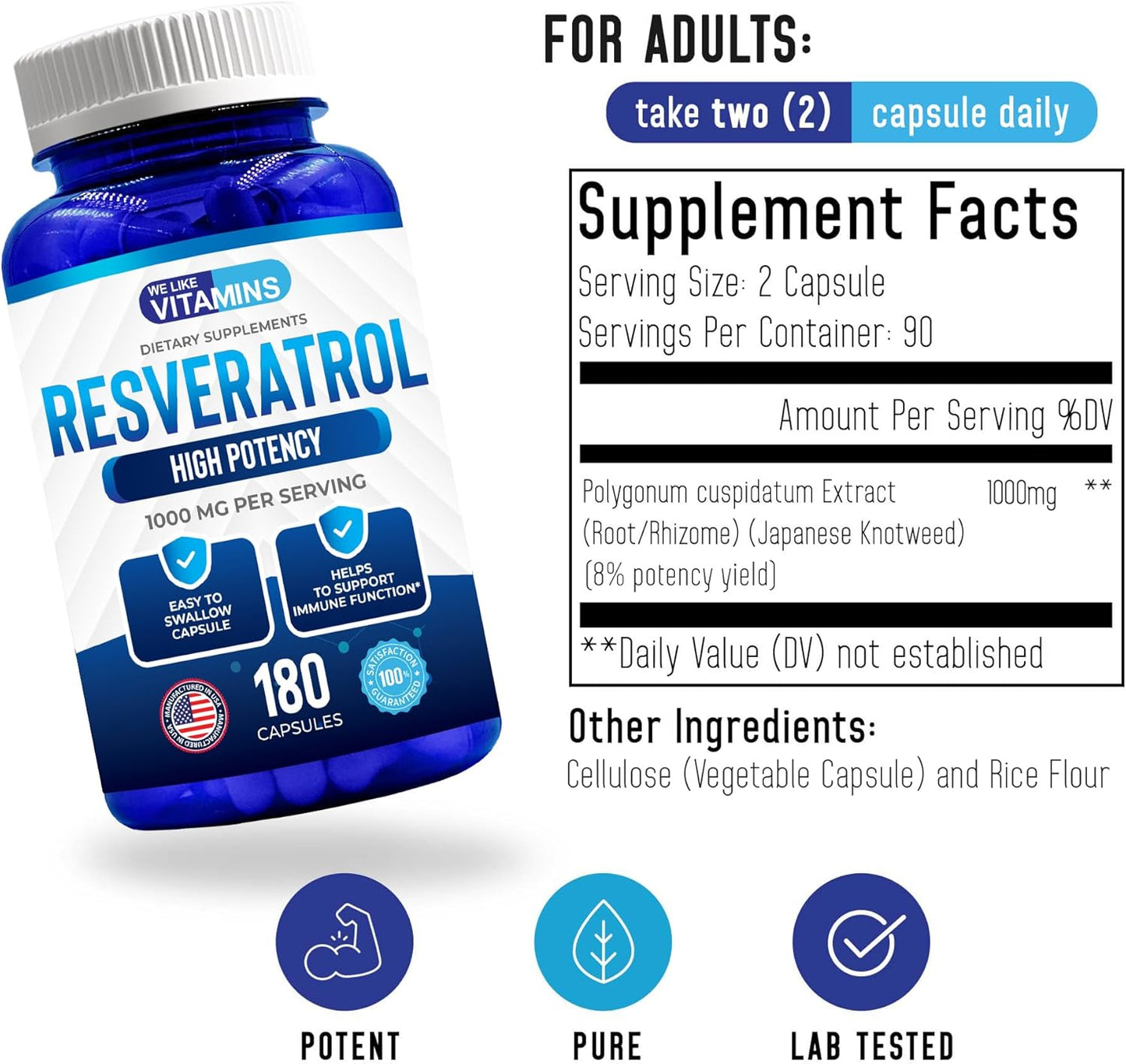 180 Easy to Swallow Veggie Capsules of We Like Vitamins Resveratrol 1000mg - Natural Antioxidant Supplement for Anti-Aging and Immune Support