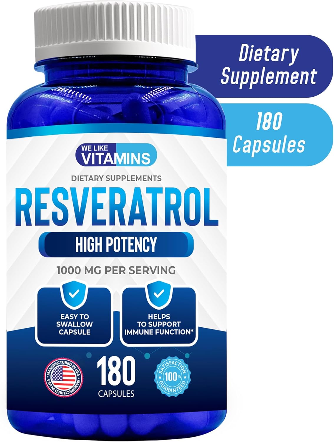 180 Easy to Swallow Veggie Capsules of We Like Vitamins Resveratrol 1000mg - Natural Antioxidant Supplement for Anti-Aging and Immune Support