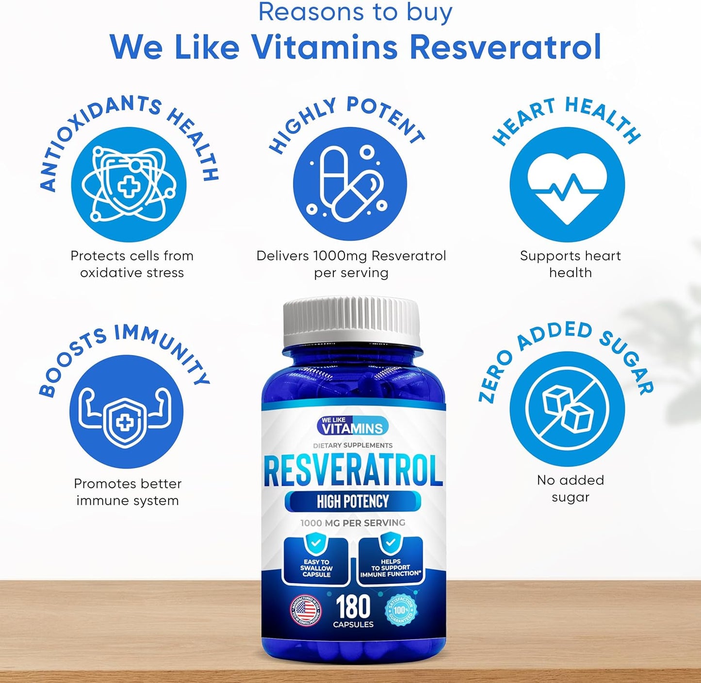 180 Easy to Swallow Veggie Capsules of We Like Vitamins Resveratrol 1000mg - Natural Antioxidant Supplement for Anti-Aging and Immune Support