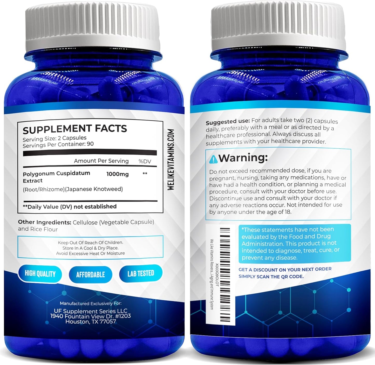 180 Easy to Swallow Veggie Capsules of We Like Vitamins Resveratrol 1000mg - Natural Antioxidant Supplement for Anti-Aging and Immune Support