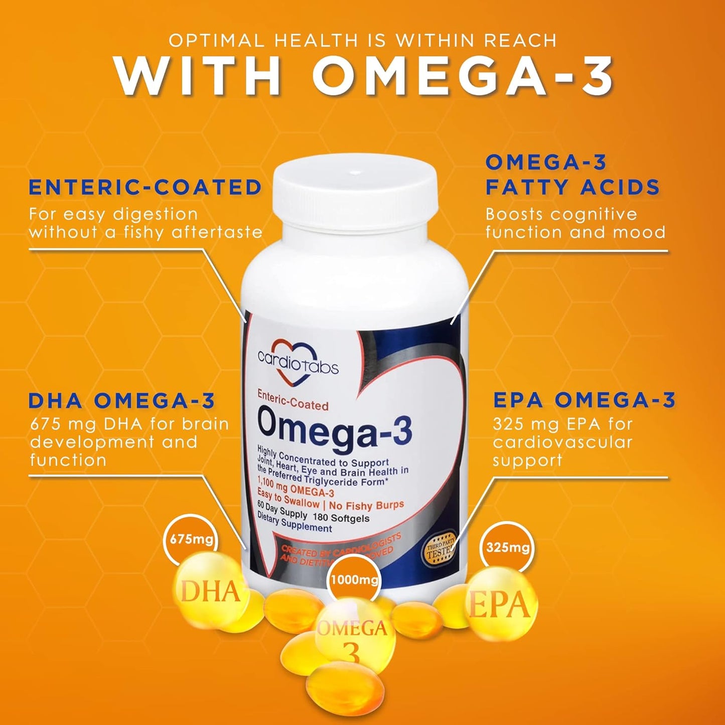 180 Enteric-Coated Omega-3 Fish Oil Supplements, Triglyceride Form, 1100mg Total Omega-3 Fatty Acids, Non-Dairy & Gluten-Free