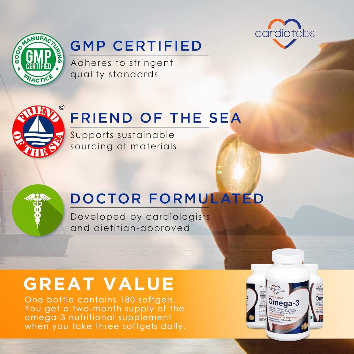 180 Enteric-Coated Omega-3 Fish Oil Supplements, Triglyceride Form, 1100mg Total Omega-3 Fatty Acids, Non-Dairy & Gluten-Free