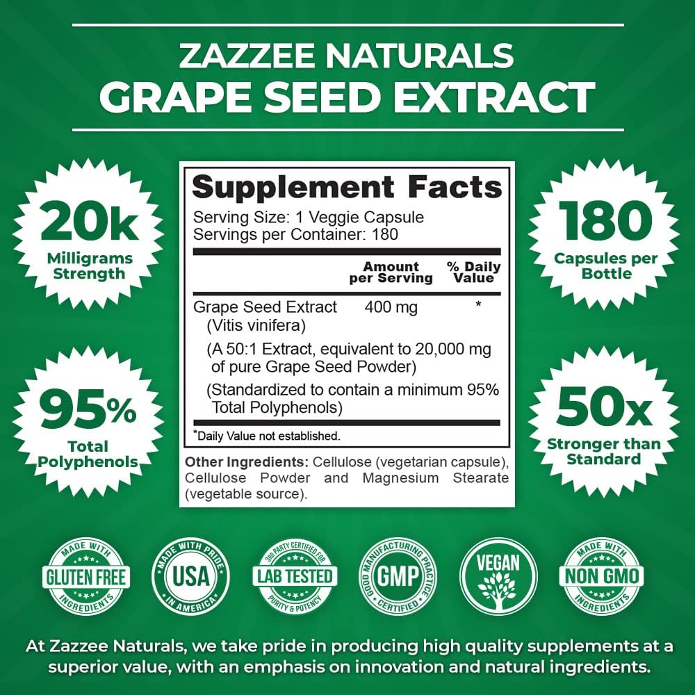 180 High Strength Vegan Grape Seed Extract Capsules - 95% Polyphenols, 400mg - 6 Month Supply - Non-GMO - Made in USA