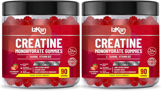 180 Izkan Creatine Monohydrate Gummy 5000mg - Pre Workout Taurine & B12 Gummies, Strawberry Flavoured, Halal/Vegan, 2 Months Supply