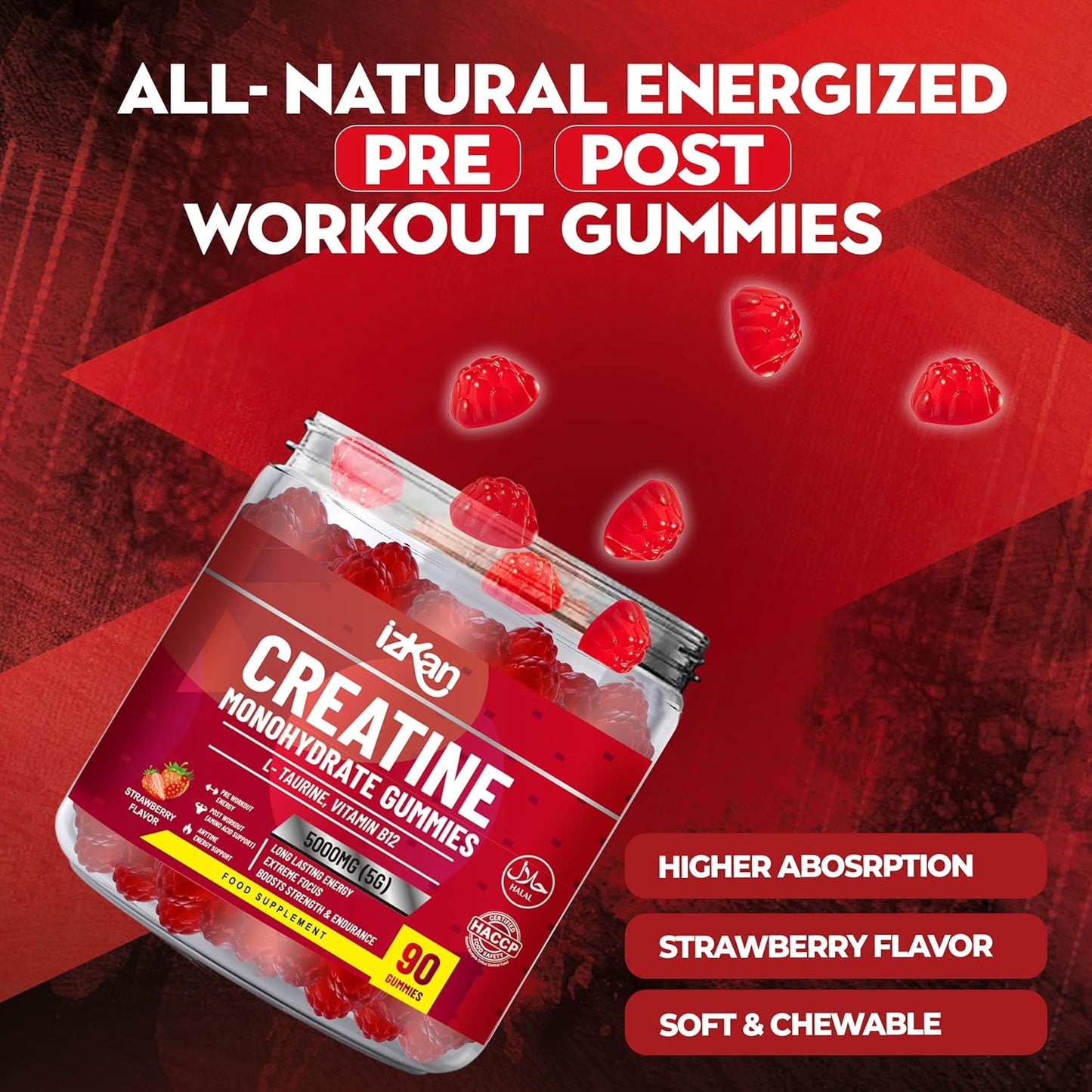180 Izkan Creatine Monohydrate Gummy 5000mg - Pre Workout Taurine & B12 Gummies, Strawberry Flavoured, Halal/Vegan, 2 Months Supply