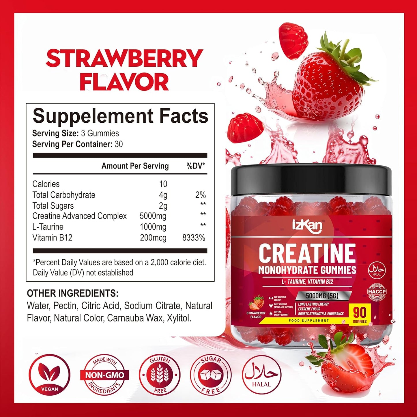 180 Izkan Creatine Monohydrate Gummy 5000mg - Pre Workout Taurine & B12 Gummies, Strawberry Flavoured, Halal/Vegan, 2 Months Supply