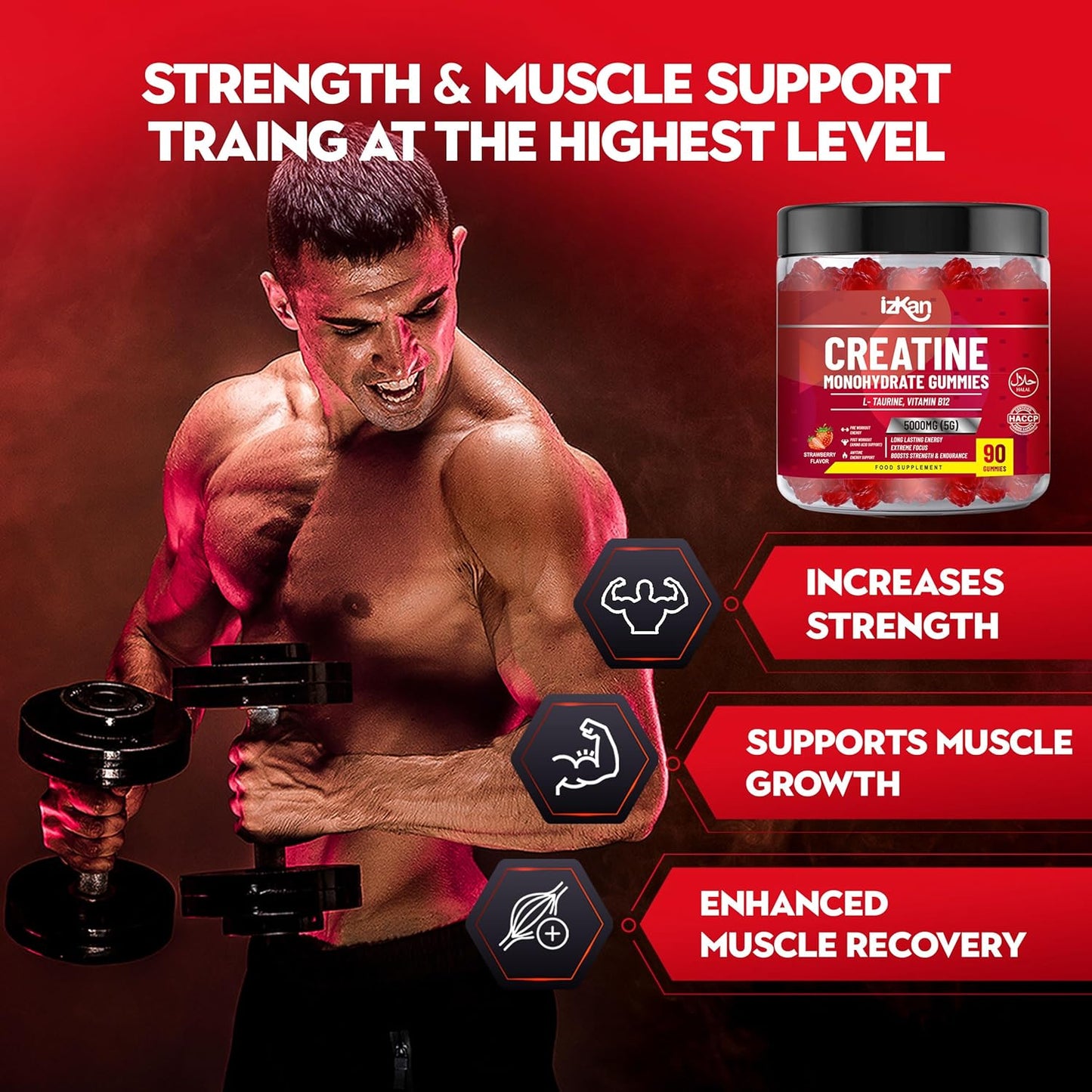 180 Izkan Creatine Monohydrate Gummy 5000mg - Pre Workout Taurine & B12 Gummies, Strawberry Flavoured, Halal/Vegan, 2 Months Supply