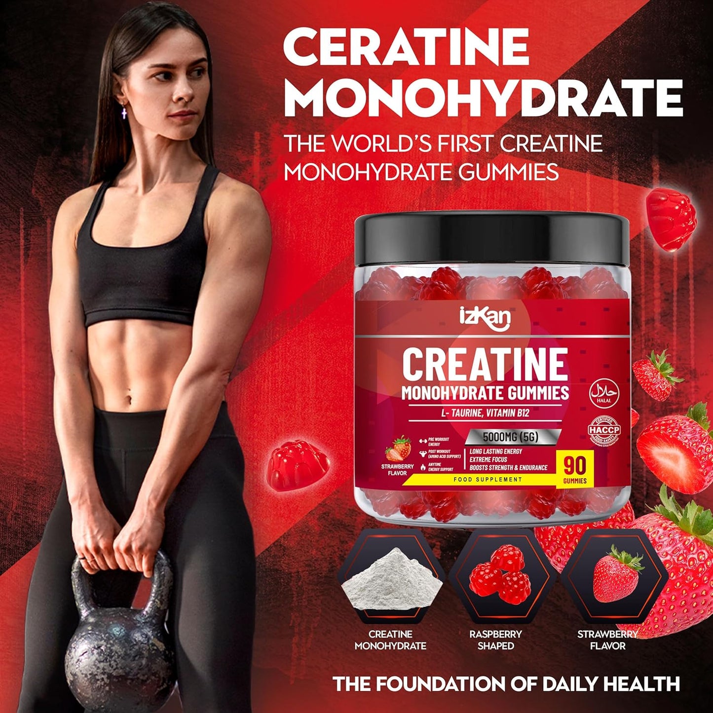 180 Izkan Creatine Monohydrate Gummy 5000mg - Pre Workout Taurine & B12 Gummies, Strawberry Flavoured, Halal/Vegan, 2 Months Supply