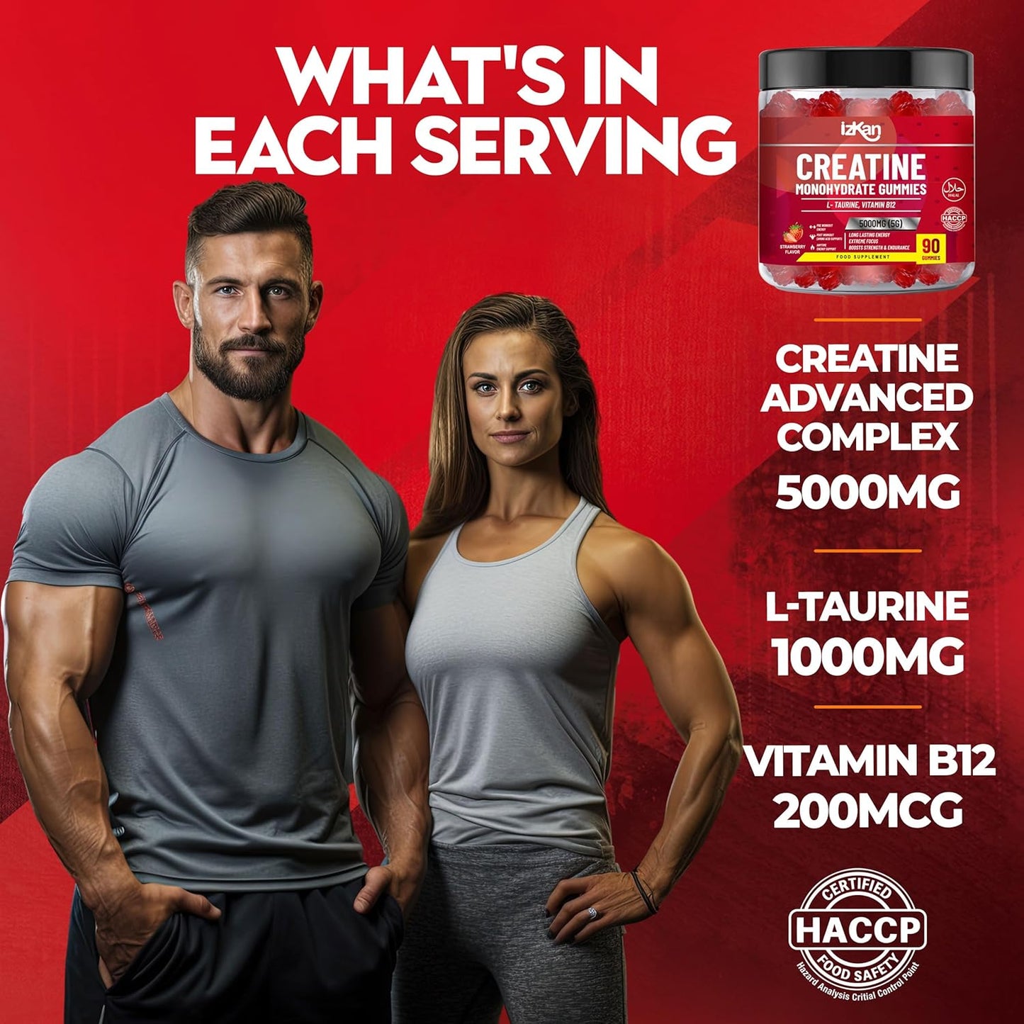 180 Izkan Creatine Monohydrate Gummy 5000mg - Pre Workout Taurine & B12 Gummies, Strawberry Flavoured, Halal/Vegan, 2 Months Supply