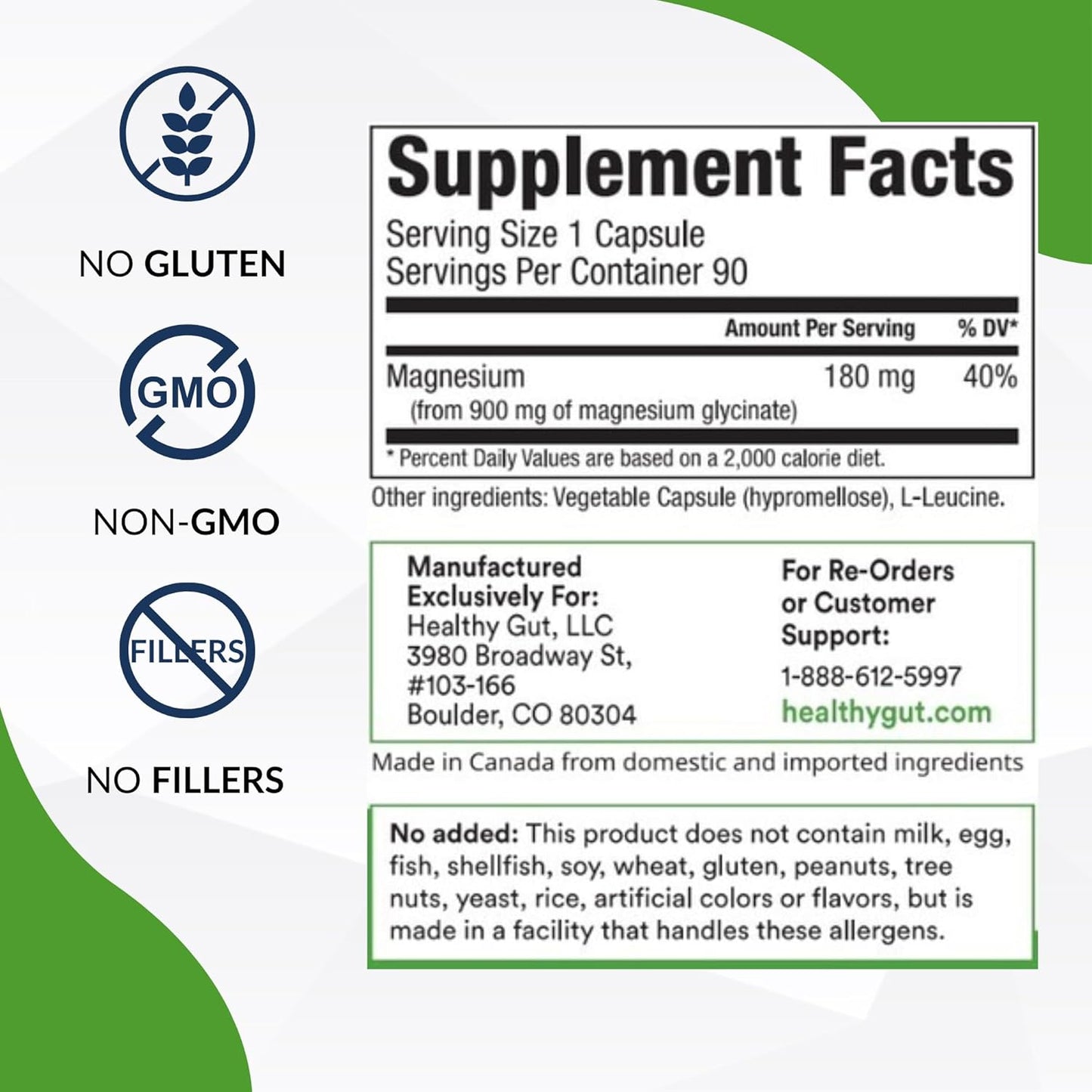 180 mg Magnesium Glycinate Supplement for Gut Health | Pure and Filler-Free | 90 Servings