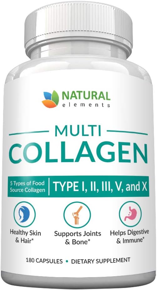 180 Natural Elements Multi Collagen Protein Capsules - Type I, II, III, V, X - Eggshell, Chicken, Wild Fish & Beef - 2025mg/serv