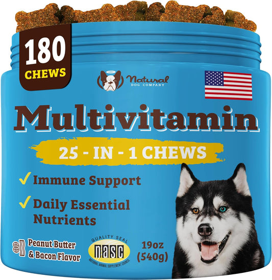 180 Natural Multivitamin Chews for Dogs - Peanut Butter & Bacon Flavor - Supports Immune System and Antioxidant - Dog Vitamins for Multi Dog Families