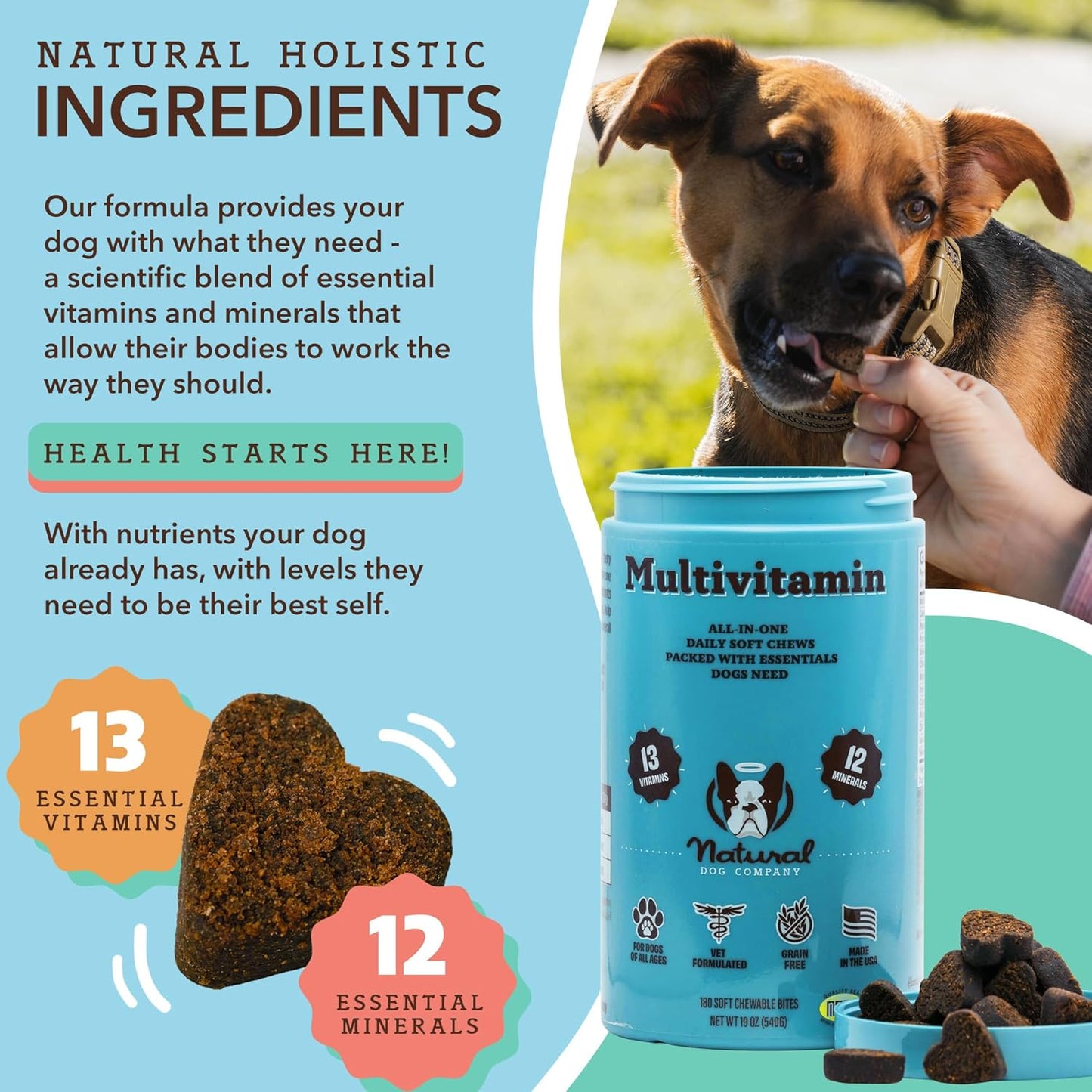 180 Natural Multivitamin Chews for Dogs - Peanut Butter & Bacon Flavor - Supports Immune System and Antioxidant - Dog Vitamins for Multi Dog Families