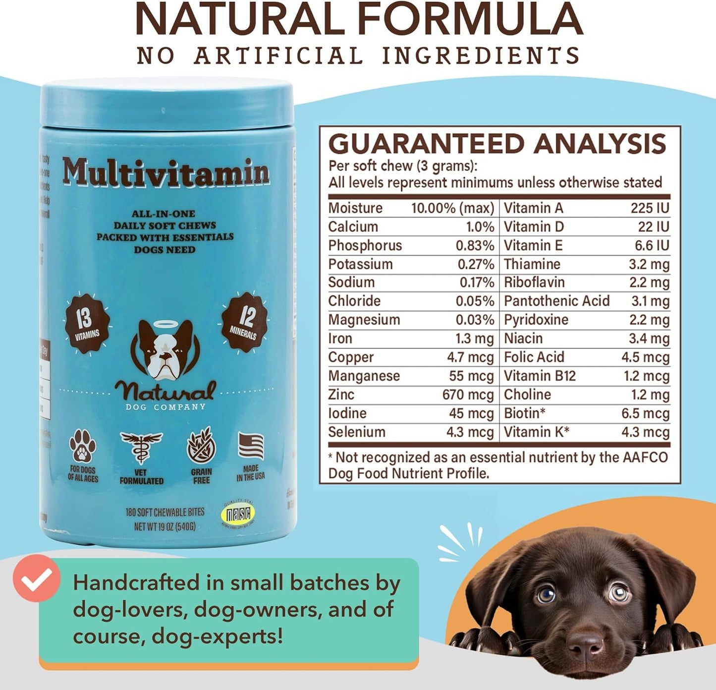180 Natural Multivitamin Chews for Dogs - Peanut Butter & Bacon Flavor - Supports Immune System and Antioxidant - Dog Vitamins for Multi Dog Families