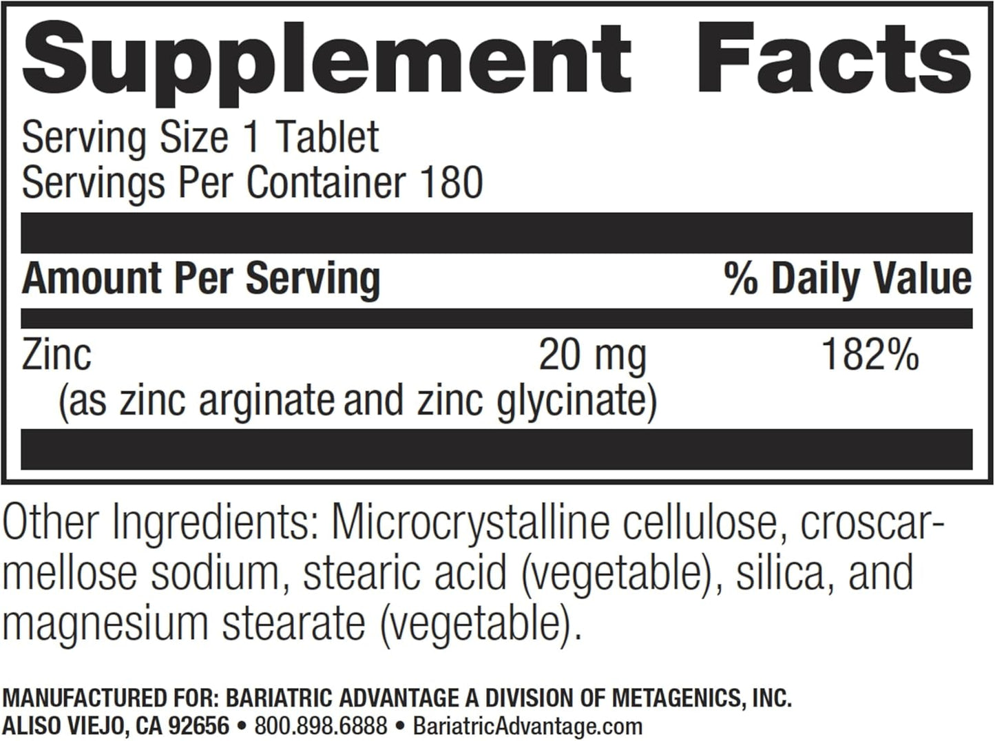 180 Non Chewable Zinc Chelate Tablets for Bariatric Surgery Patients, Highly Absorbable 20 mg Zinc Arginine and Glycine Formula