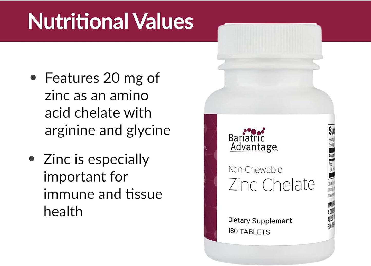 180 Non Chewable Zinc Chelate Tablets for Bariatric Surgery Patients, Highly Absorbable 20 mg Zinc Arginine and Glycine Formula