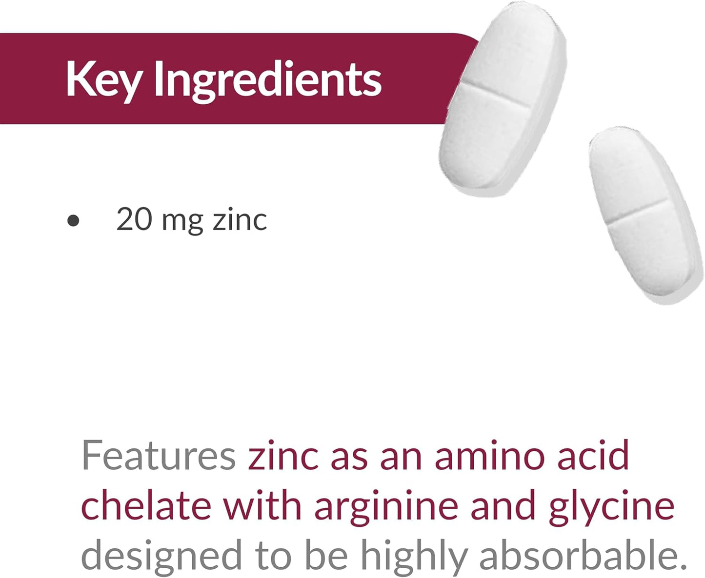 180 Non Chewable Zinc Chelate Tablets for Bariatric Surgery Patients, Highly Absorbable 20 mg Zinc Arginine and Glycine Formula