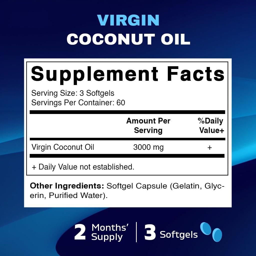 180 Non-GMO Gluten Free Virgin Coconut Oil Softgels, 3000 mg Per Serving, 60 Servings
