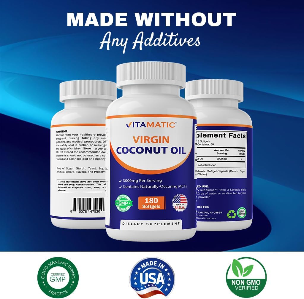 180 Non-GMO Gluten Free Virgin Coconut Oil Softgels, 3000 mg Per Serving, 60 Servings