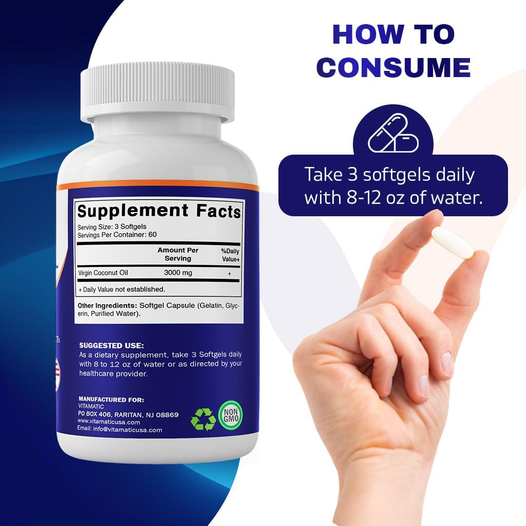 180 Non-GMO Gluten Free Virgin Coconut Oil Softgels, 3000 mg Per Serving, 60 Servings
