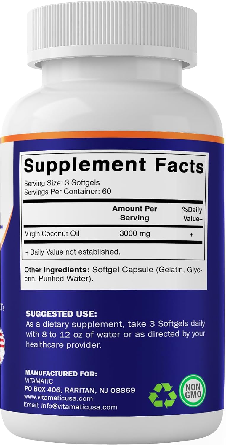180 Non-GMO Gluten Free Virgin Coconut Oil Softgels, 3000 mg Per Serving, 60 Servings