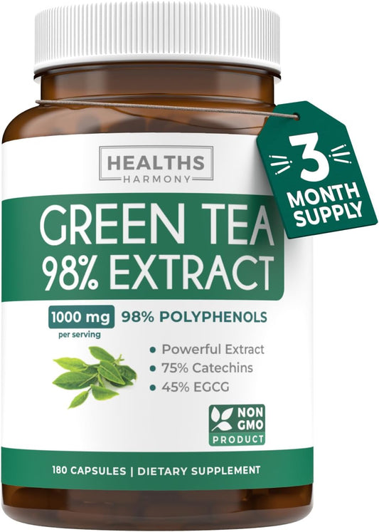 180 Non-GMO Green Tea Extract Capsules with 98% EGCG - Metabolism Boost & Antioxidant Supplement - 1000mg (500mg per Capsule)