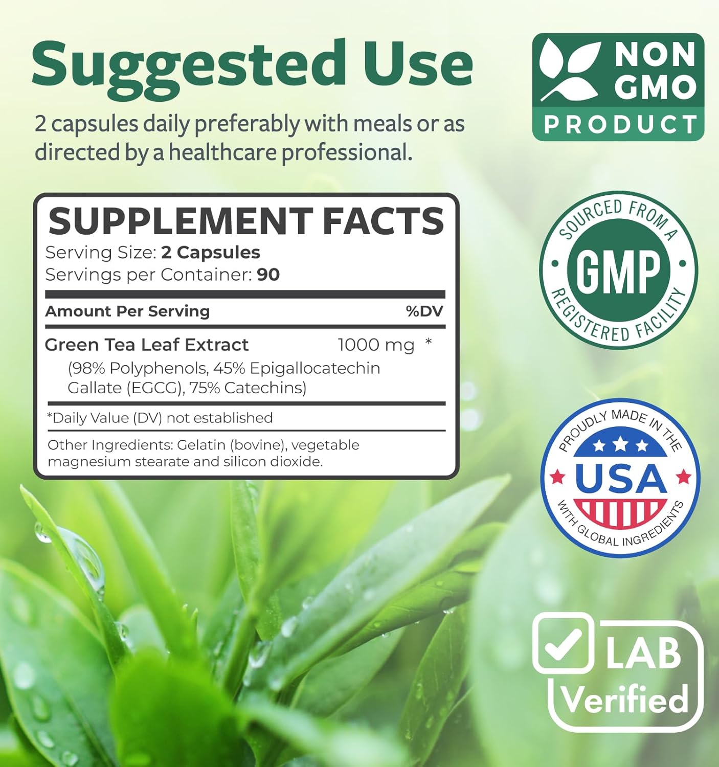 180 Non-GMO Green Tea Extract Capsules with 98% EGCG - Metabolism Boost & Antioxidant Supplement - 1000mg (500mg per Capsule)