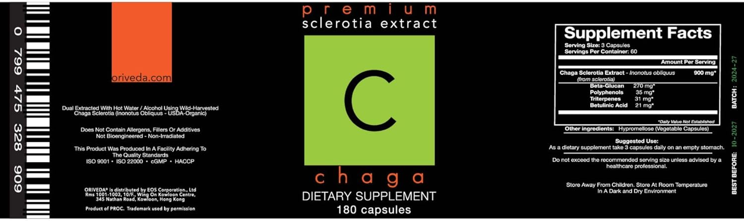 180 ORIVeDA Chaga Dual Extract Capsules for 2 Months of Immune Support