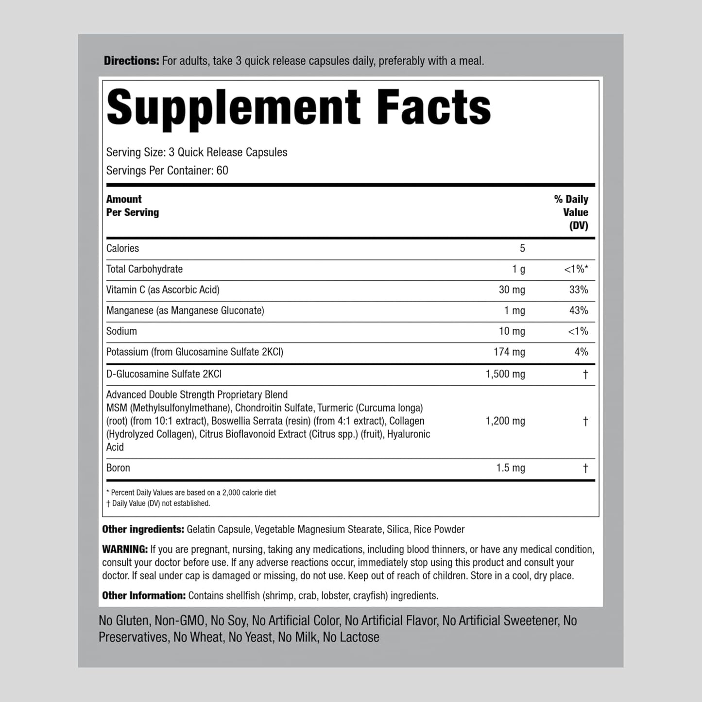 180 Piping Rock Glucosamine Chondroitin MSM Turmeric Capsules | Double Strength Complex Supplement | Non-GMO, Gluten Free