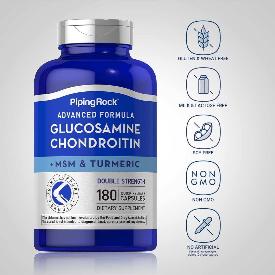 180 Piping Rock Glucosamine Chondroitin MSM Turmeric Capsules | Double Strength Complex Supplement | Non-GMO, Gluten Free
