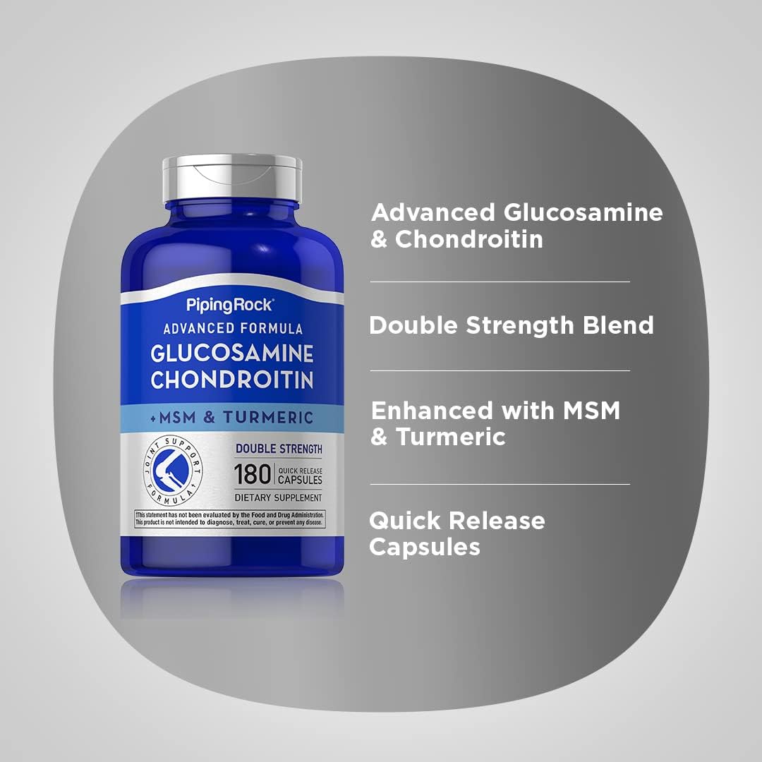 180 Piping Rock Glucosamine Chondroitin MSM Turmeric Capsules | Double Strength Complex Supplement | Non-GMO, Gluten Free