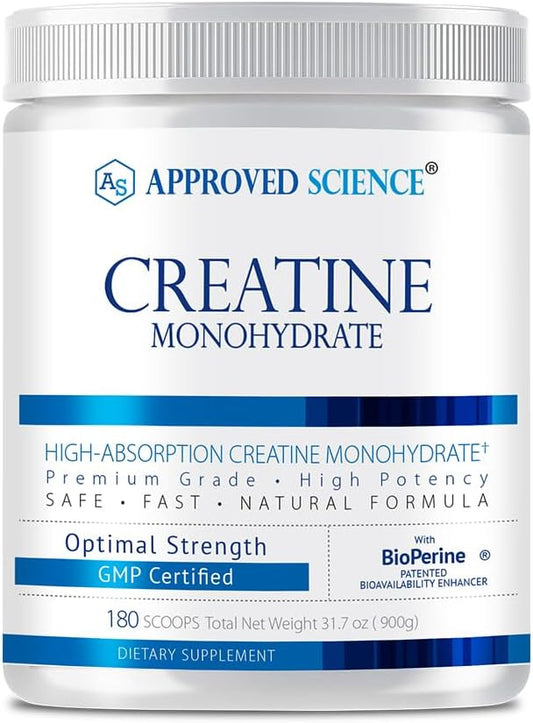 180 Servings of Approved Science Creatine Monohydrate Powder with BioPerine - Enhances Lean Muscle Growth and Recovery - Unflavored Vegan Supplement - 5g Per Serving