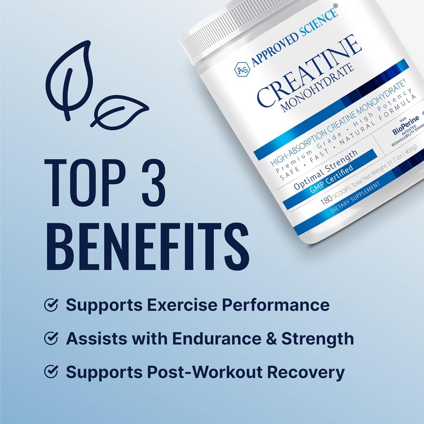 180 Servings of Approved Science Creatine Monohydrate Powder with BioPerine - Enhances Lean Muscle Growth and Recovery - Unflavored Vegan Supplement - 5g Per Serving