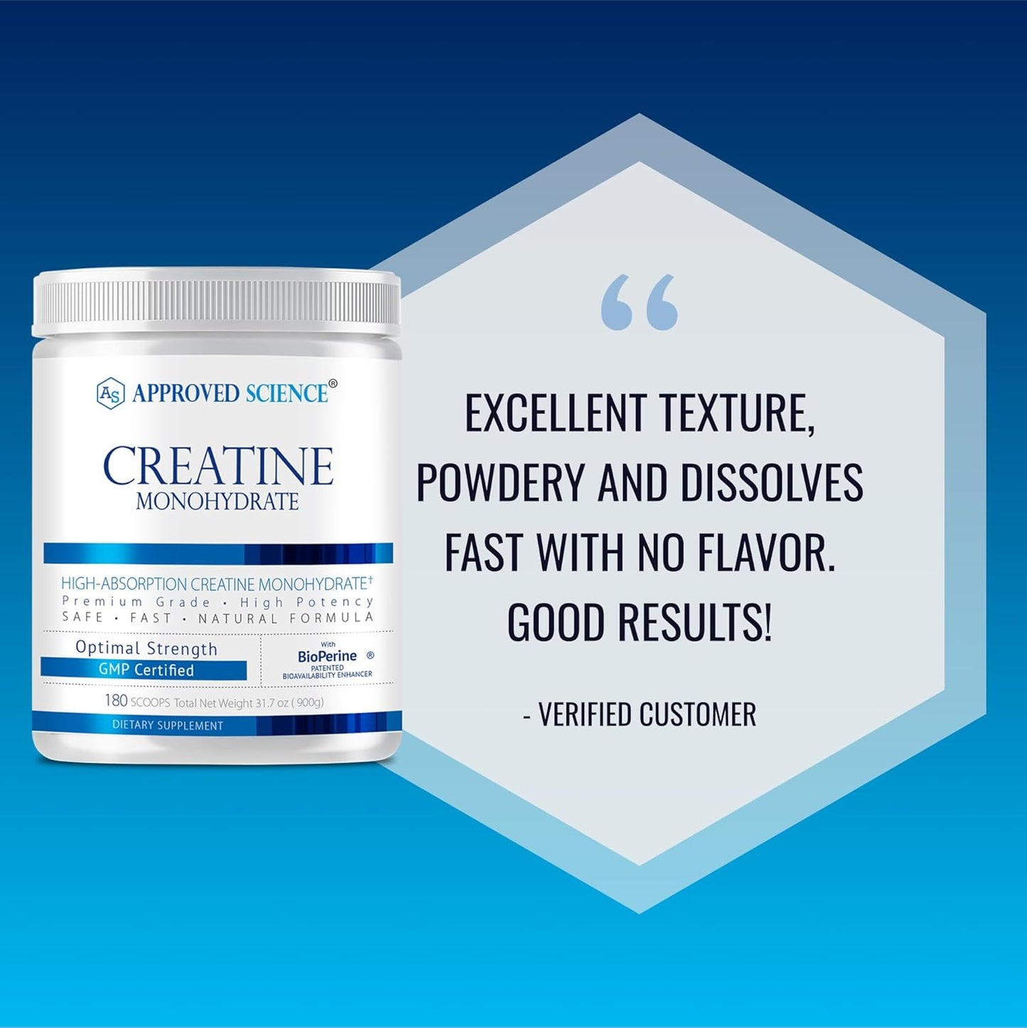 180 Servings of Approved Science Creatine Monohydrate Powder with BioPerine - Enhances Lean Muscle Growth and Recovery - Unflavored Vegan Supplement - 5g Per Serving