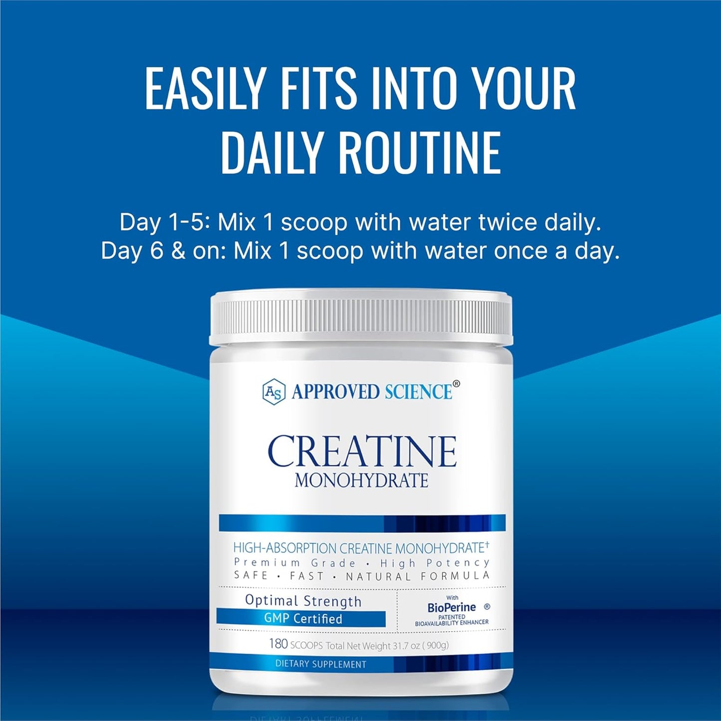 180 Servings of Approved Science Creatine Monohydrate Powder with BioPerine - Enhances Lean Muscle Growth and Recovery - Unflavored Vegan Supplement - 5g Per Serving