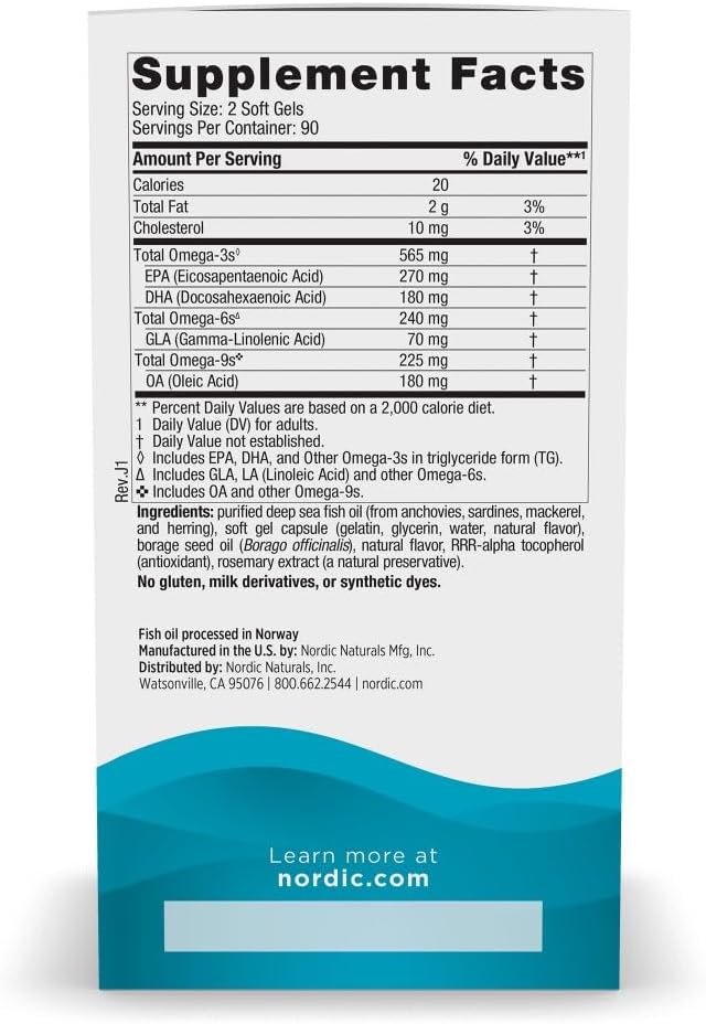 180 Soft Gels of Nordic Naturals Complete Omega with EPA, DHA, and GLA for Healthy Skin, Cognition, and Mood - Lemon Flavor - Non-GMO - 90 Servings