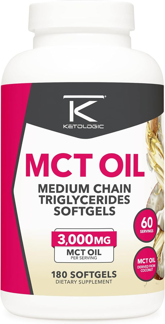 180 Softgel Ketologic MCT Oil Supplement - 3,000MG MTC Oil per Serving - 60 Servings - Medium Chain Triglycerides Formula