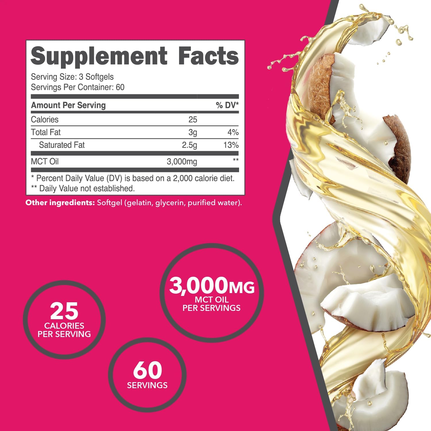 180 Softgel Ketologic MCT Oil Supplement - 3,000MG MTC Oil per Serving - 60 Servings - Medium Chain Triglycerides Formula