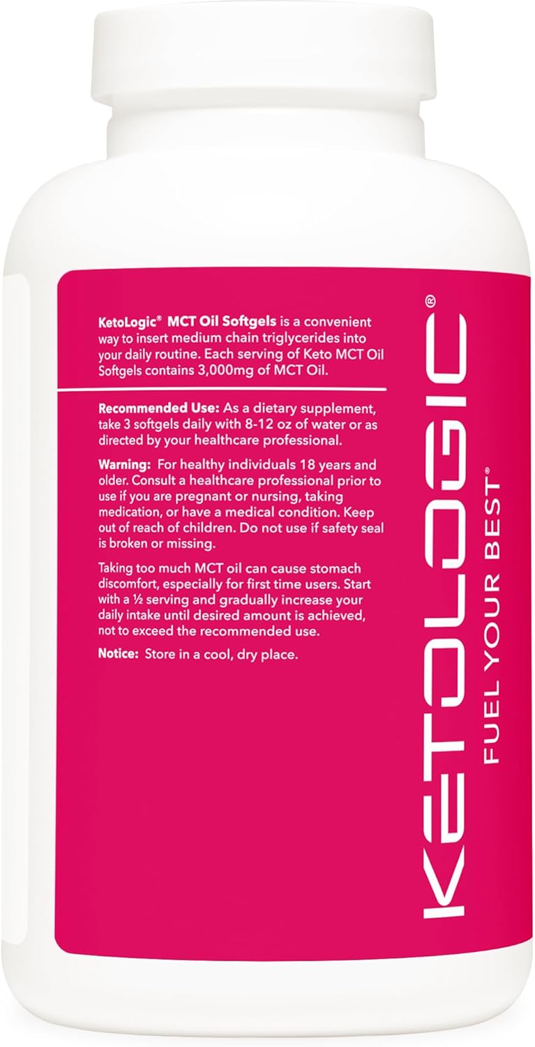 180 Softgel Ketologic MCT Oil Supplement - 3,000MG MTC Oil per Serving - 60 Servings - Medium Chain Triglycerides Formula