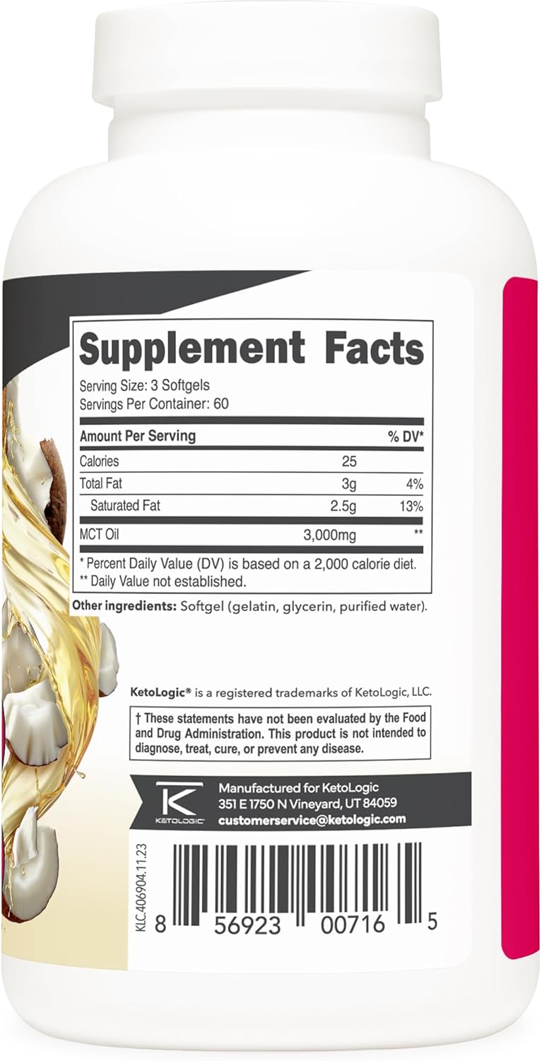 180 Softgel Ketologic MCT Oil Supplement - 3,000MG MTC Oil per Serving - 60 Servings - Medium Chain Triglycerides Formula
