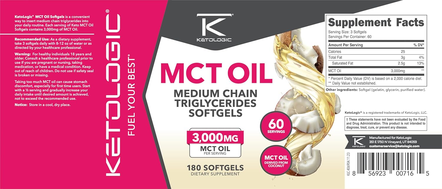 180 Softgel Ketologic MCT Oil Supplement - 3,000MG MTC Oil per Serving - 60 Servings - Medium Chain Triglycerides Formula