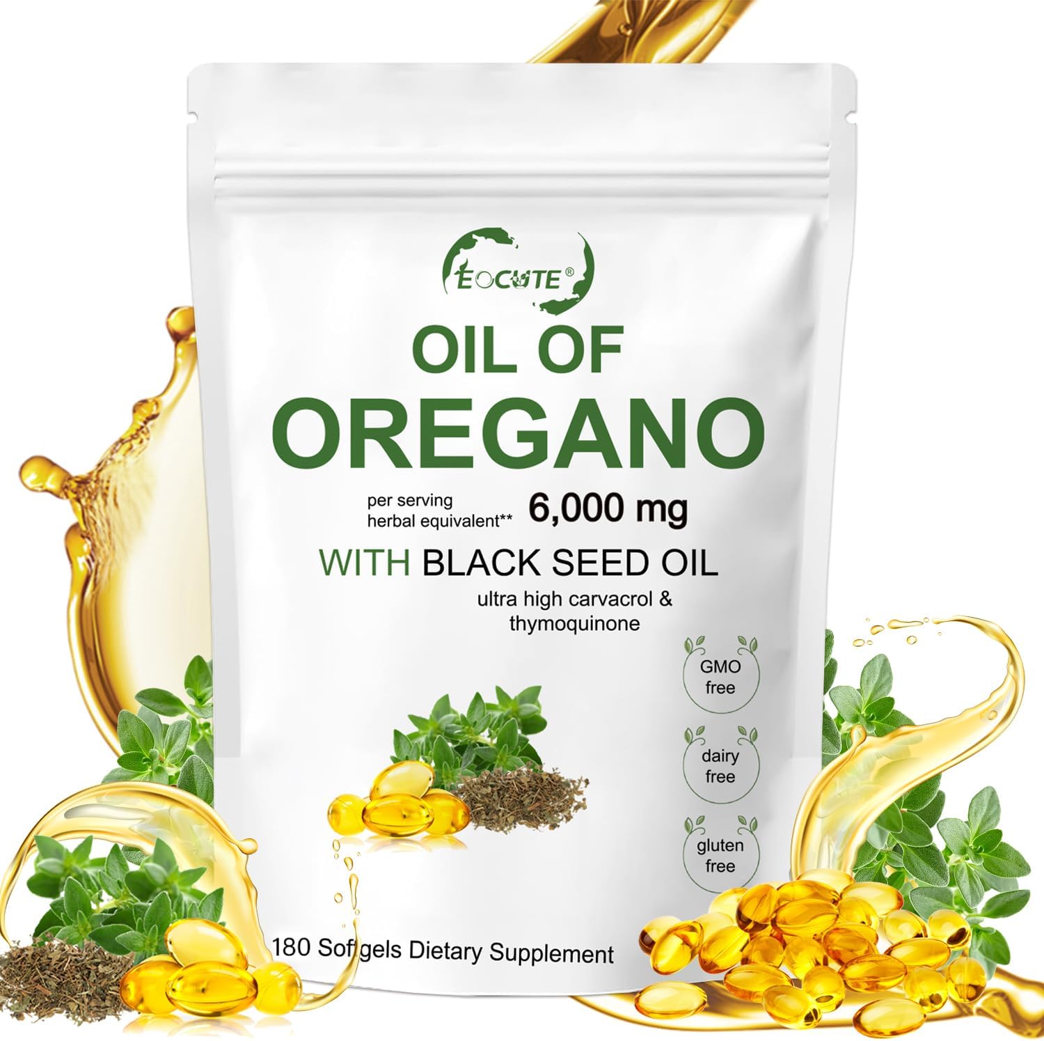 180 Softgel Oregano Oil Capsules with Black Seed Oil for Immune Support - 6000mg Oregano & 200mg Black Seed Oil Per Serving, Plant Based & Non-GMO Supplement