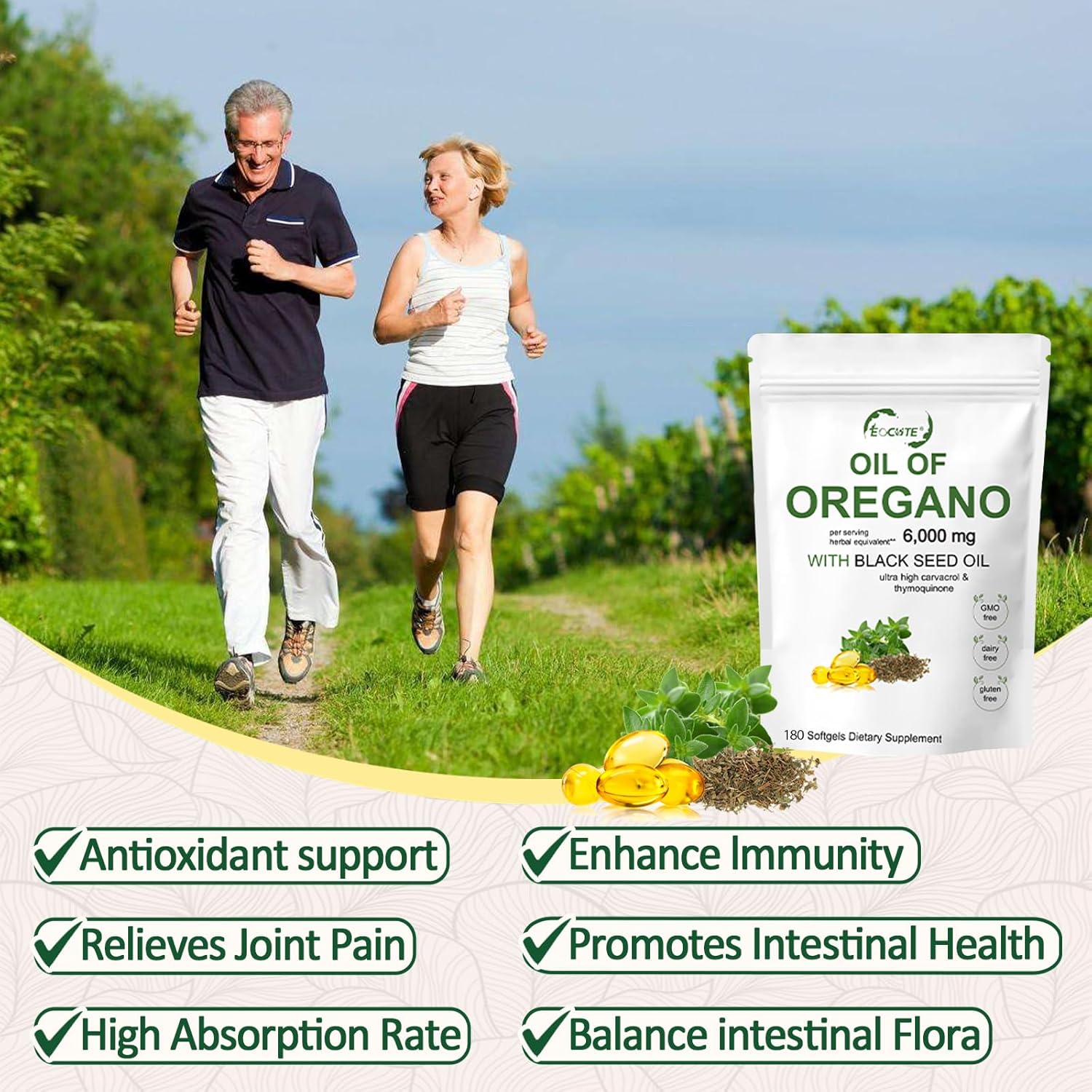 180 Softgel Oregano Oil Capsules with Black Seed Oil for Immune Support - 6000mg Oregano & 200mg Black Seed Oil Per Serving, Plant Based & Non-GMO Supplement