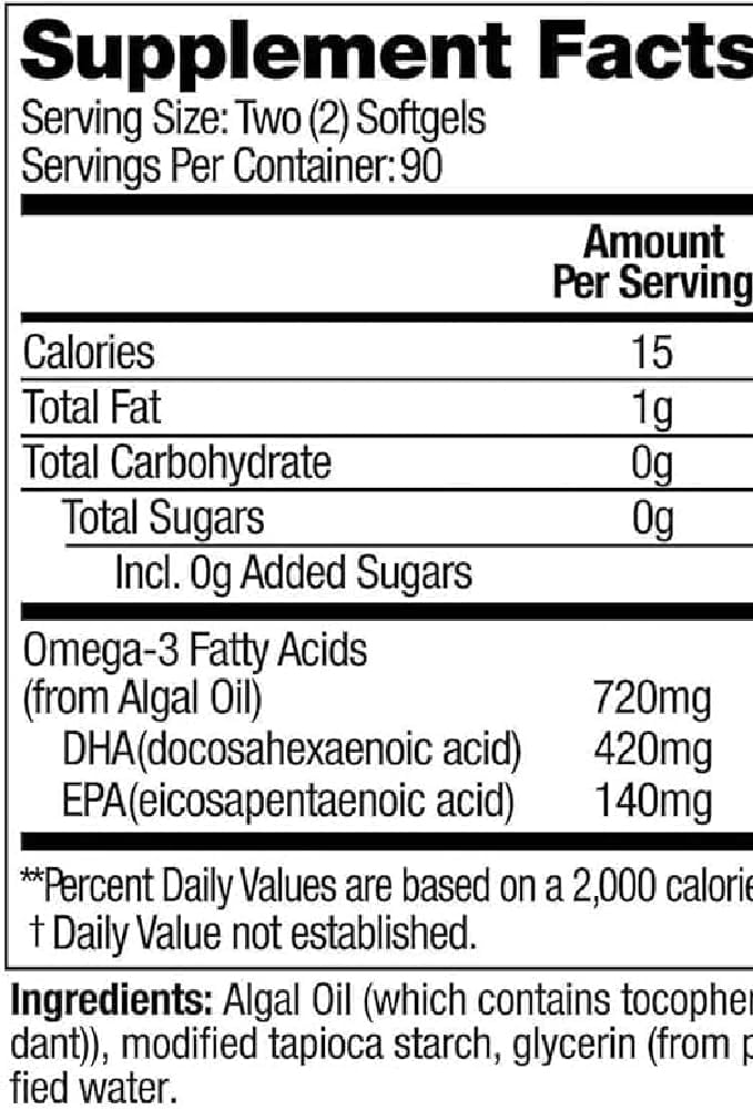 180 Softgel Ovega 3 Vegan Omega-3 Supplement with DHA, EPA, Fatty Acids - No Fishy Aftertaste, Plant Based Formula