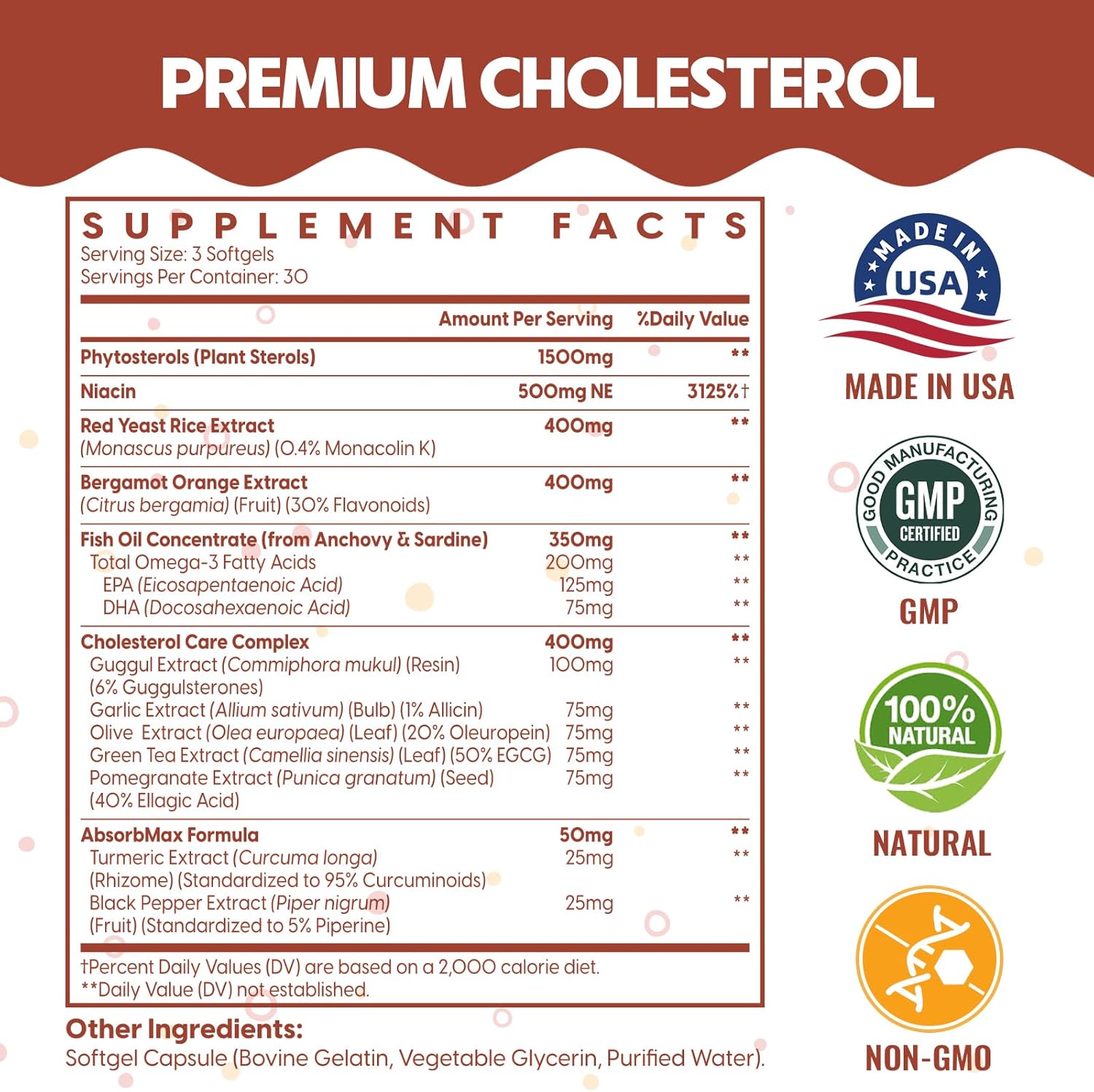 180 Softgels ChiQwench Cholesterol Supplements with Plant Sterols, Niacin, Red Yeast Rice, Citrus Bergamot, and Garlic for Maintaining Healthy Cholesterol Levels