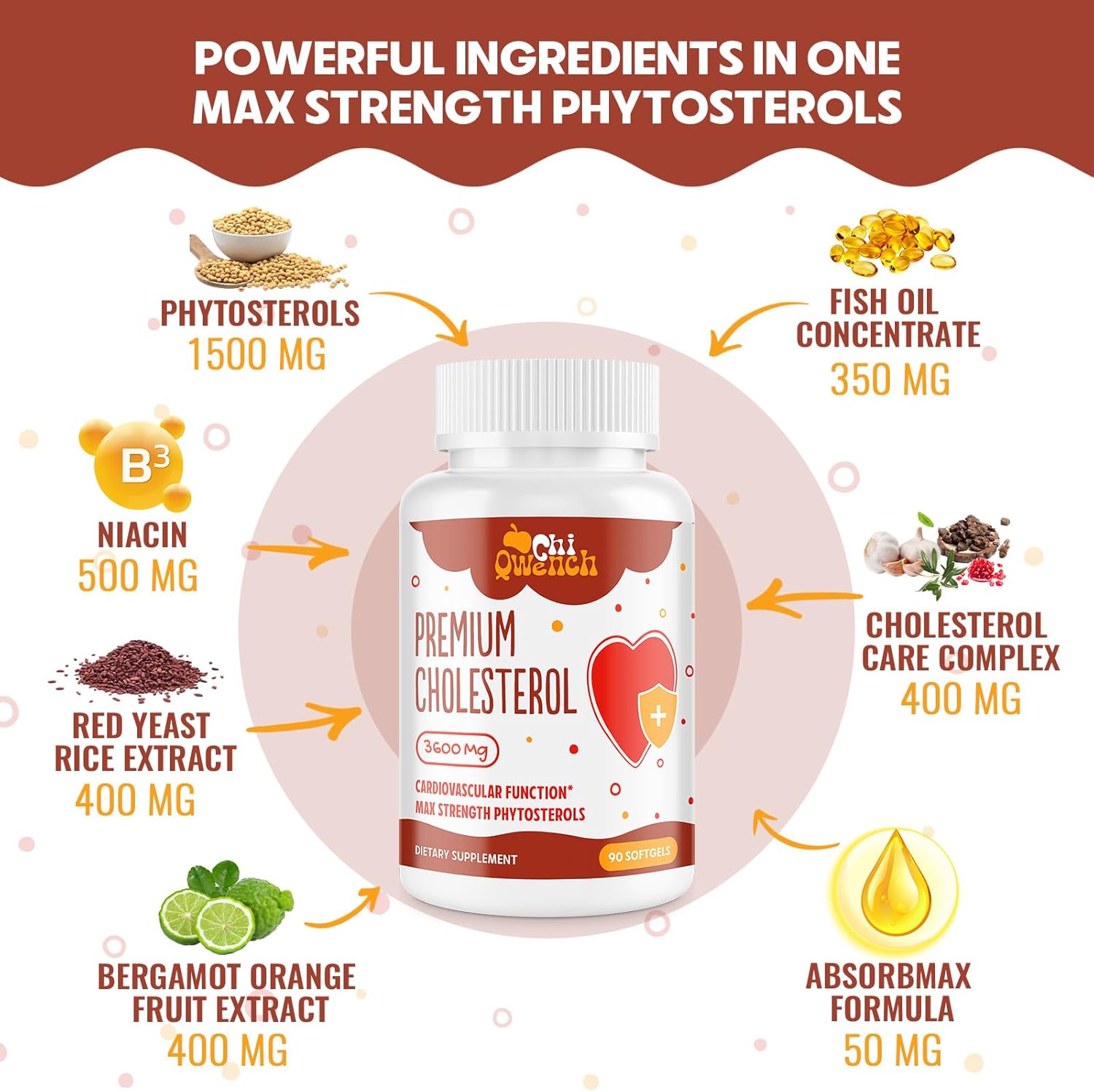 180 Softgels ChiQwench Cholesterol Supplements with Plant Sterols, Niacin, Red Yeast Rice, Citrus Bergamot, and Garlic for Maintaining Healthy Cholesterol Levels