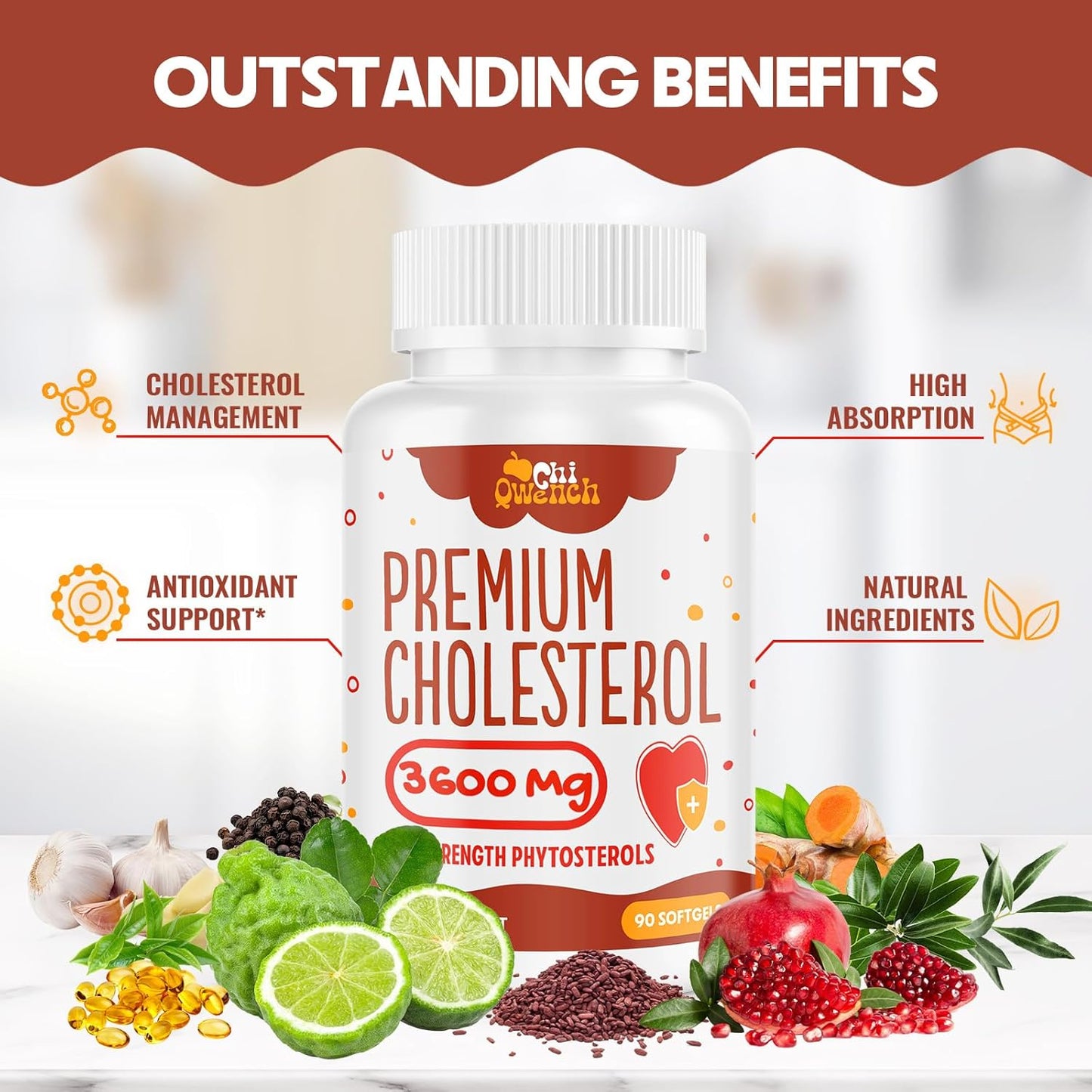 180 Softgels ChiQwench Cholesterol Supplements with Plant Sterols, Niacin, Red Yeast Rice, Citrus Bergamot, and Garlic for Maintaining Healthy Cholesterol Levels